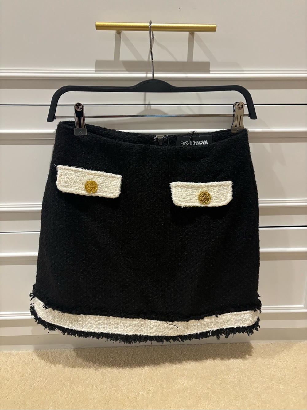 Fashion Nova Black Mini Skirt with White Trim and Gold Buttons